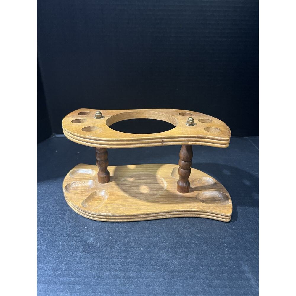 Vintage Oblong Curved Wood Pipe Stand For 6 Plus Ashtray / Tobacco Holder-